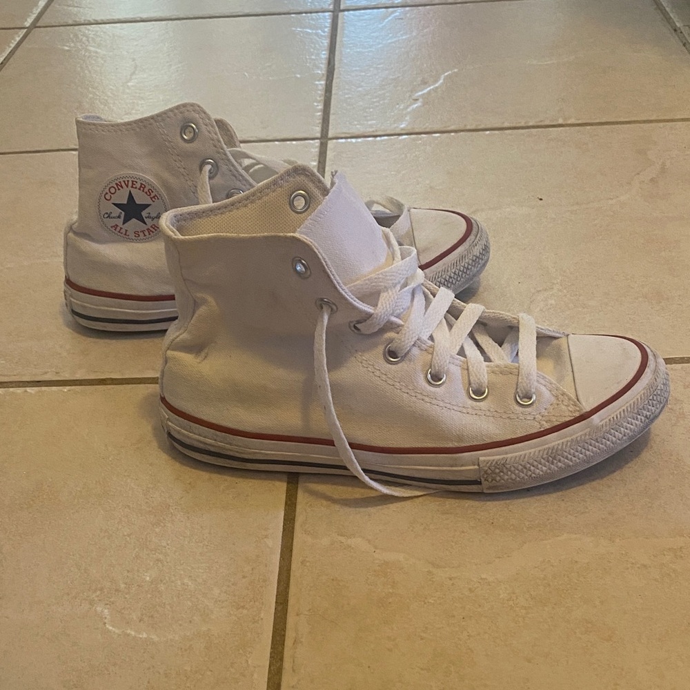 Converse White High Top Sneakers with Red Stripe